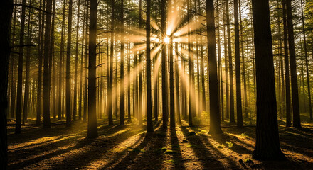 Radiant Sunburst Illuminating a Pine Forest with Golden Beams.