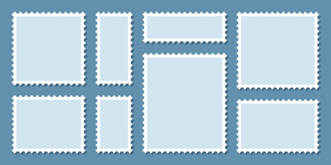Postage stamp borders set vector. Blue postage stamps set. Realistic post stamps set. Blank postage Stamps in flat design. vector illustration
