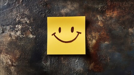 Yellow paper for notes with the words smile on a magnet isolated on brown background