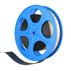 Film reel with cinema tape isolated on white background 3d render icon. Film roll, spool or bobbin for video camera or projector. 