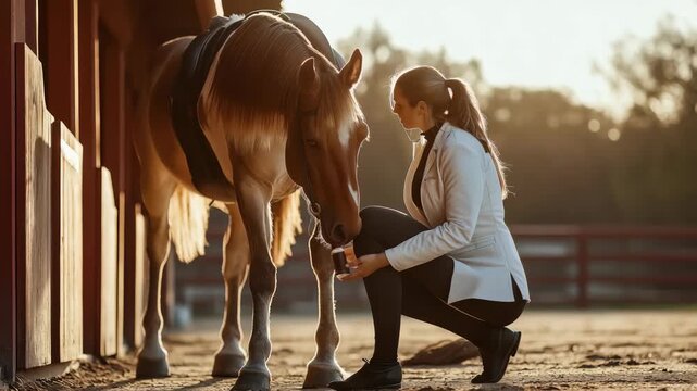 Woman kneels, carefully tends to light brown horse. She holds small bottle, perhaps applying medicine. setting appears to be stable or barn area with soft, natural light.