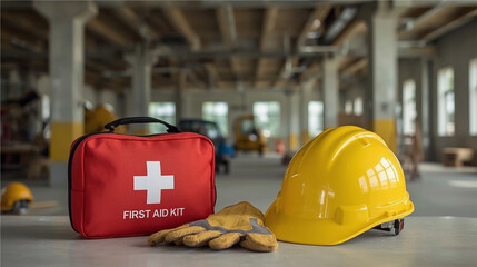 A red first aid kit and yellow safety helmet placed on the floor of an unfinished construction site, highlighting workplace safety and emergency preparedness.