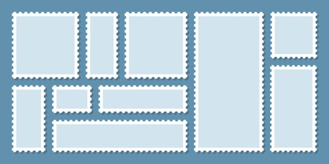 Postage stamp borders set vector. Blue postage stamps set. Realistic post stamps set. Blank postage Stamps in flat design. vector illustration