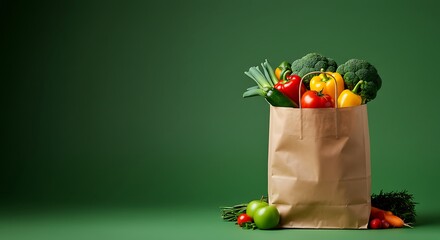  Fresh Organic Vegetables and Fruits Overflowing from Paper Bag on Green Studio Background