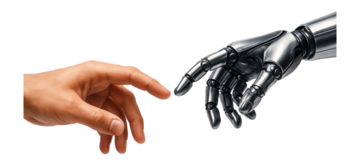 Human hand reaching towards robotic hand, symbolizing connection between technology and humanity on transparent background.