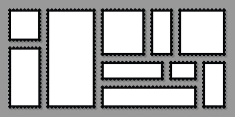 Postage stamp borders set. Zigzag edge and scallop edge. Set of blank postage stamps with empty paper design. Vintage mockup postage vector for poster, banner, badge, sticker.