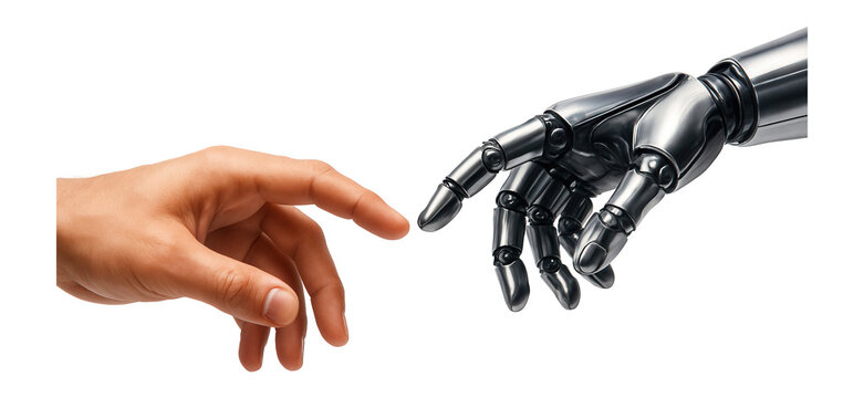 Human hand reaching towards robotic hand, symbolizing connection between technology and humanity on transparent background.