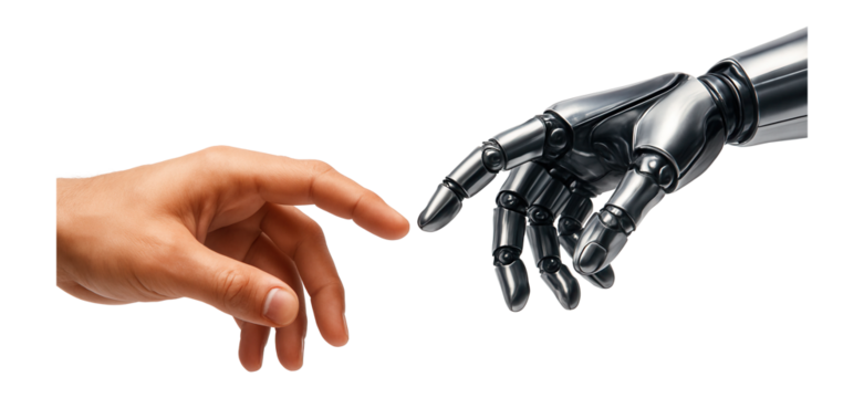 Human hand reaching towards robotic hand, symbolizing connection between technology and humanity on transparent background.