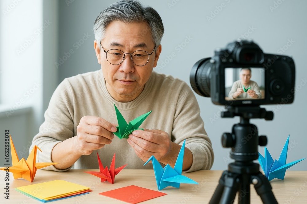 Poster elderly man filming origami tutorial at home with colorful paper cranes on table, sharing creative h