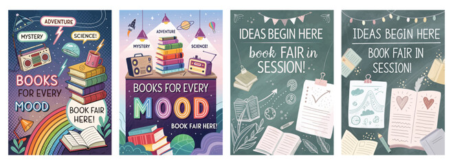 Set of four posters featuring vibrant book fair designs with stacked books, space themes, and pencils