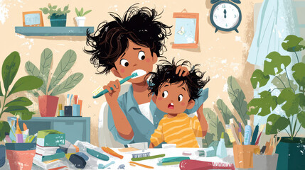 Mother brushing her teeth while helping her young child with curly hair in a lively, cluttered bathroom setting