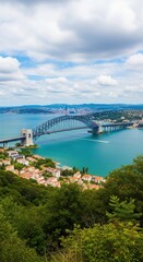 Sydney Harbour Bridge and city skyline from a hilltop