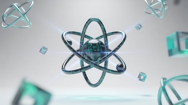 Abstract atom model with orbiting electrons, representing science and technology