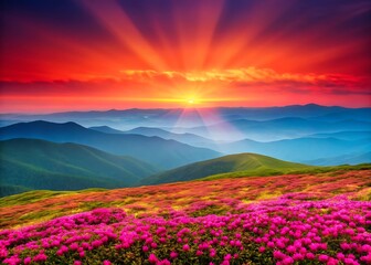 Obraz premium Radiant Sunrise Over Rolling Mountains Covered in Pink Wildflowers sunset landscape