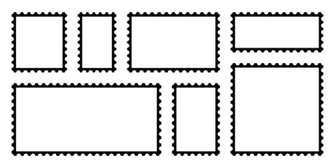 Postage stamp borders set. Zigzag edge and scallop edge. Set of blank postage stamps with empty paper design. Vintage mockup postage vector for poster, banner, badge, sticker.