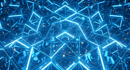 Glowing Blue Neon Labyrinth of Symmetrical Crystal Prisms.