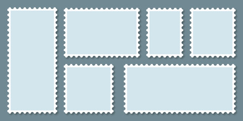 Fototapeta premium Postage stamp borders set vector. Blue postage stamps set. Realistic post stamps set. Blank postage Stamps in flat design. vector illustration