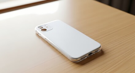 White iPhone in Clear Case on Wooden Table