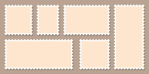 Fototapeta premium Postage stamp template collection. Blank postage stamp vector collection in various shapes and sizes. Retro Postage Stamp Template. Realistic trendy post stamps set with shadow effect. 