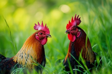 Fototapeta premium Roosters in Sunny Grassy Meadow