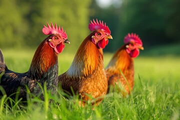 Fototapeta premium Roosters in Sunny Grassy Meadow