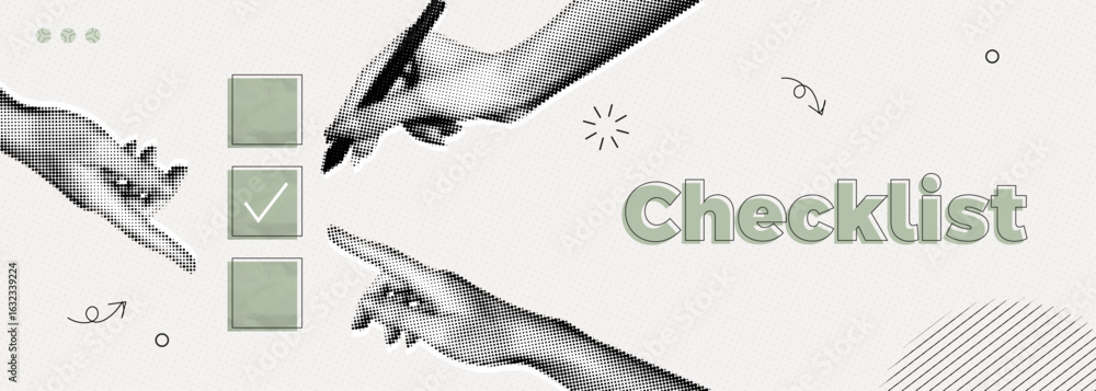 Poster trendy halftone collage hand with pen and check list. organized task processing. project plan. compl