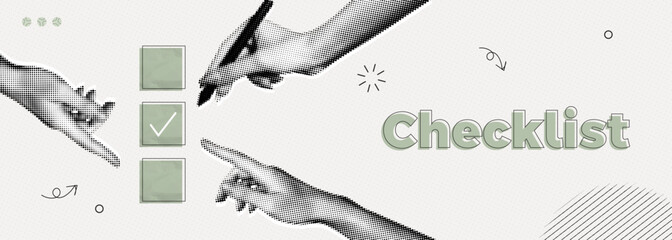 Trendy Halftone Collage Hand with pen and check list. Organized task processing. Project plan. Completed to do list banner. Quality assurance control. Contemporary vector illustration art