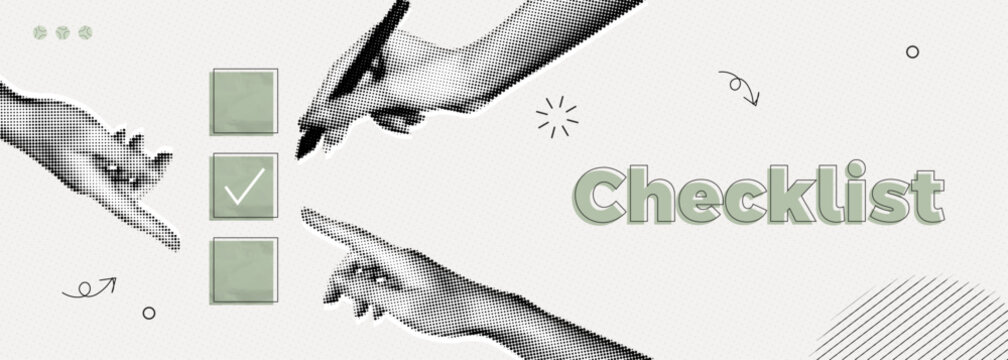 Trendy Halftone Collage Hand with pen and check list. Organized task processing. Project plan. Completed to do list banner. Quality assurance control. Contemporary vector illustration art