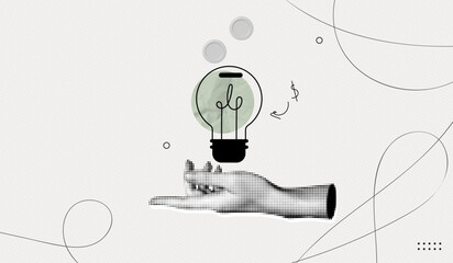 Trendy Halftone Collage Hand with Lightbulb and Coins. Smart investment. Money inside light bulb. Idea and innovation. Gain profit. Contemporary vector illustration art