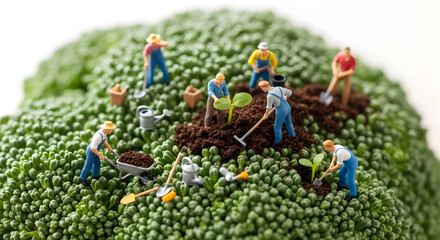 Team of Miniature Farmers Cultivating a Surreal Garden on a Broccoli Hillside.