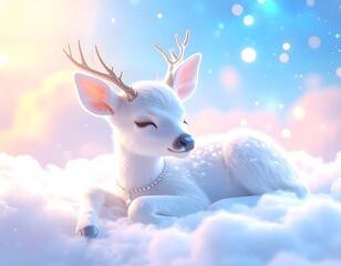 Sleeping white fawn on cloud — 3D baby deer with tiny antlers and pearl necklace in pastel sunrise sky