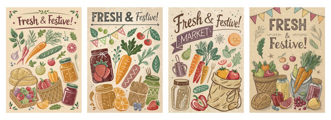 Set of four posters featuring fresh produce and market goods with a rustic festive theme