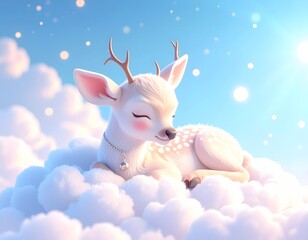 Sleeping white fawn on cloud — 3D plush baby deer with pearl necklace and star sparkles in pastel sunrise sky