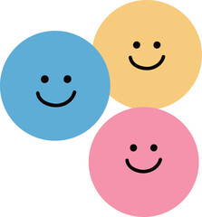 A trio of simple, smiling circles in blue, pink, and yellow, representing a happy and friendly group or community in a minimalistic style.