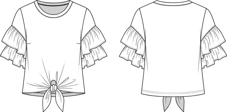 Girls' short-sleeve knotted top CAD, double ruffled sleeve detail and tied hem, front and back technical vector fashion sketch