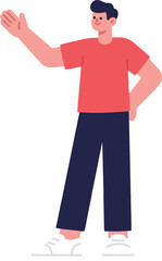 A confident young man standing with one hand on his hip and the other waving, presented in a clean, modern flat illustration style.
