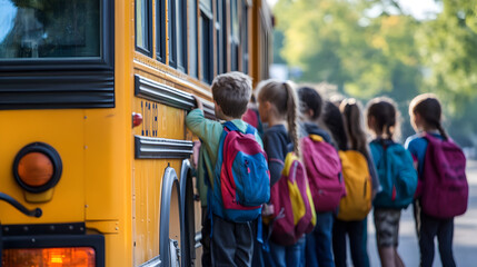 Children with backpacks boarding a yellow school bus on a sunny day for their education journey