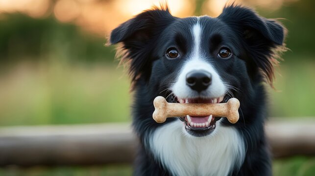 Border collie dog holding bone in mouth outdoors