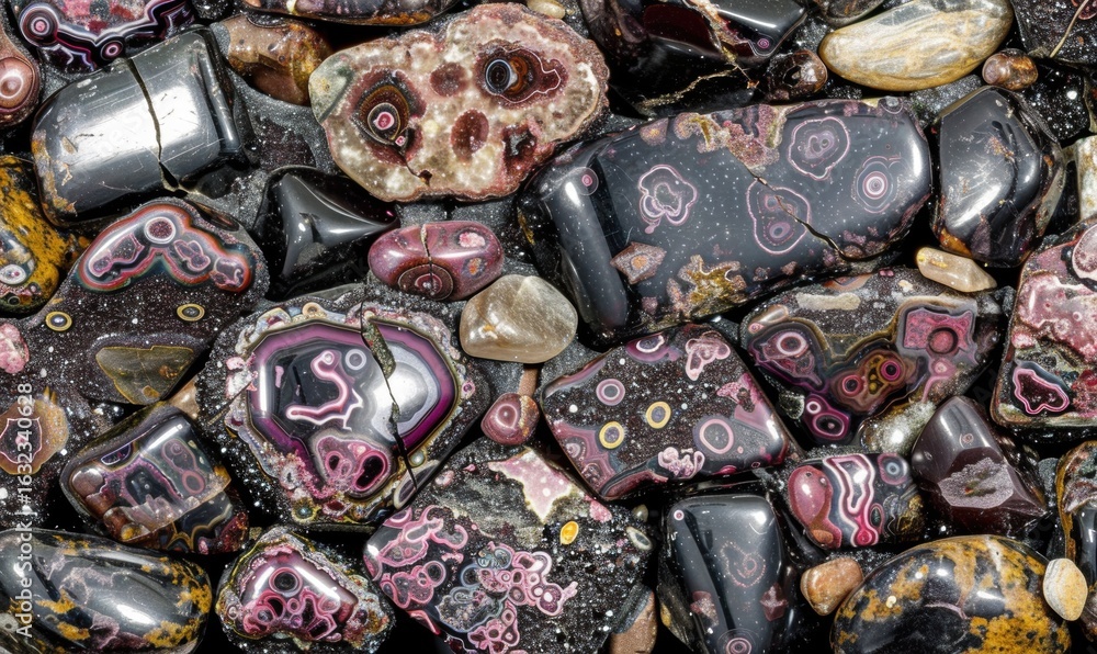 Poster polished gemstone assortment showing patterns and textures for geology projects