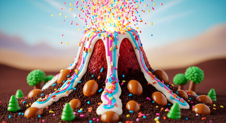 Erupting Candy Volcano with Sprinkles and Miniature Trees