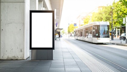 Blank White Billboard at Urban Street with Gray Tram in Background