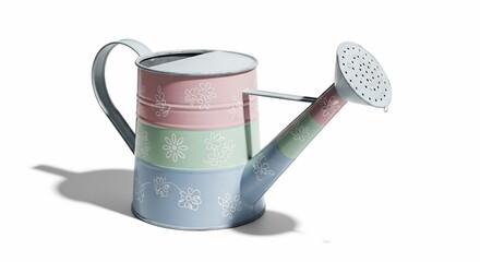 Pastel Floral Watering Can with Shadow on White Background