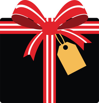 Elegant Black Gift Box Tied with a Festive Red and White Striped Ribbon and a Plain Yellow Gift Tag