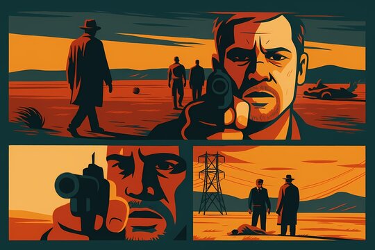 A tense standoff unfolds in a desert as a man points a gun in a dramatic comic-style frame.

