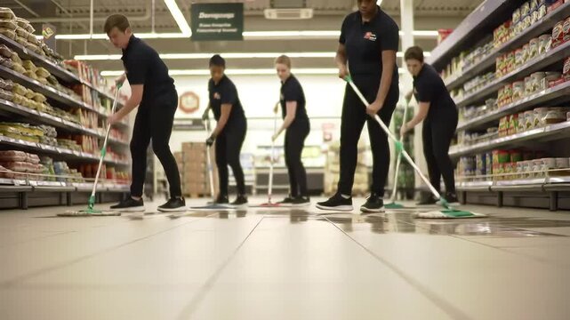 Cleaning Crew Mopping the Supermarket Floor for Hygiene
