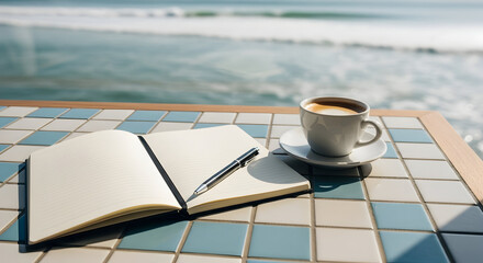 Ocean View Workspace: Coffee, Notebook, and Pen on Tiled Table