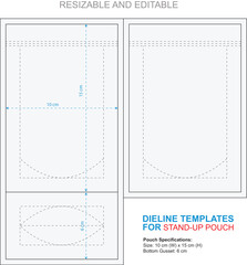 Dieline templates for standup pouches with specifications for packaging design and manufacturing showcasing customizable and resizable layout