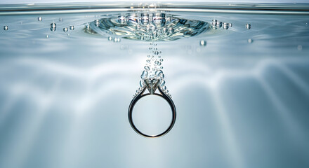 Diamond Engagement Ring Submerged in Water with Bubbles