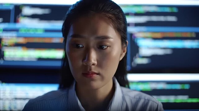 Coding Woman Focused Programmer Deep in Code