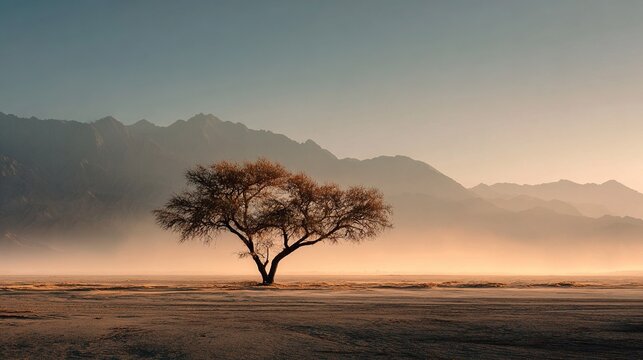 Lone tree silhouette on volcanic sand desert at dawn. Minimalist composition for postcards or environmental reports.